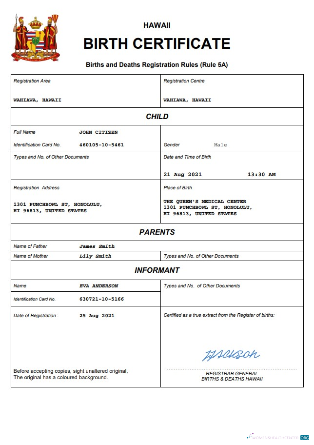 Download Hawaii birth certificate Word and PDF template Photoshop template